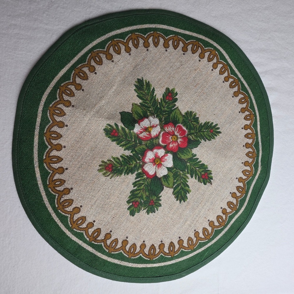 Vintage Round Floral Placemat Nagel Piepmatz West Germany Green Jute Cotton